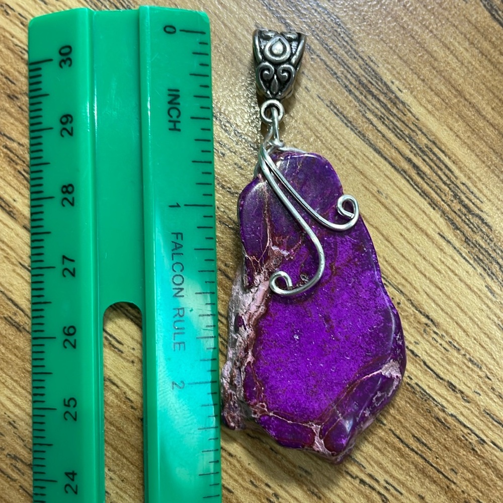 Large purple dyed agate silver tone bale necklace pendant